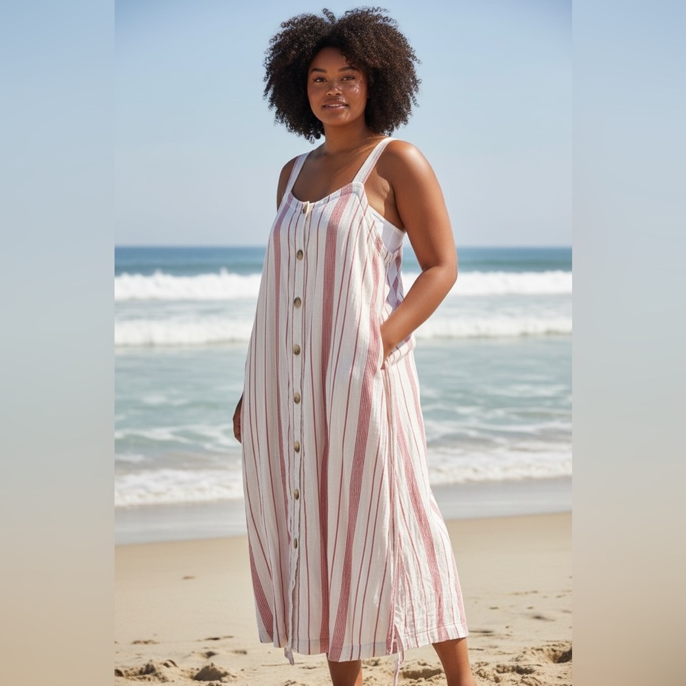 Sonoma Plus Size 3X Oversized 100% Cotton Red & Cream Midi Sundress